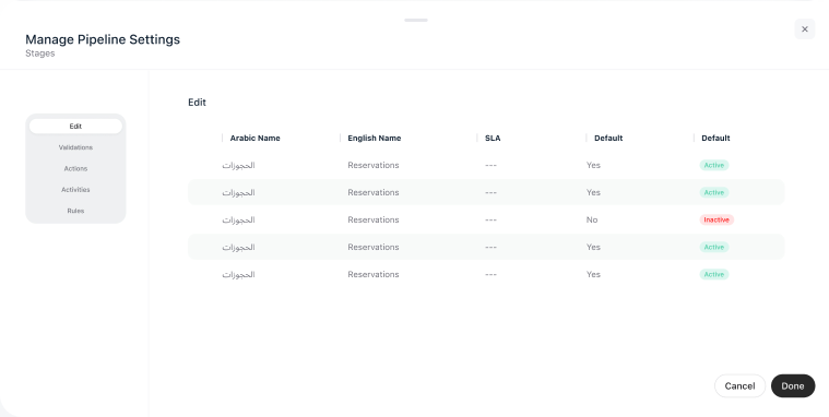 Editing a pipeline stage with owners and target dates