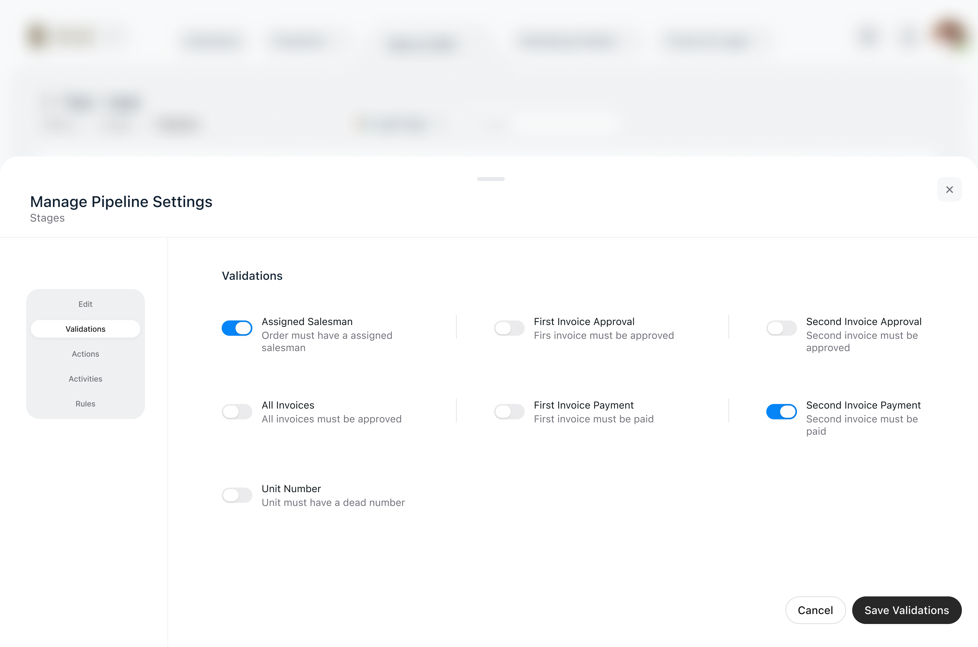 Pipeline stage validation settings