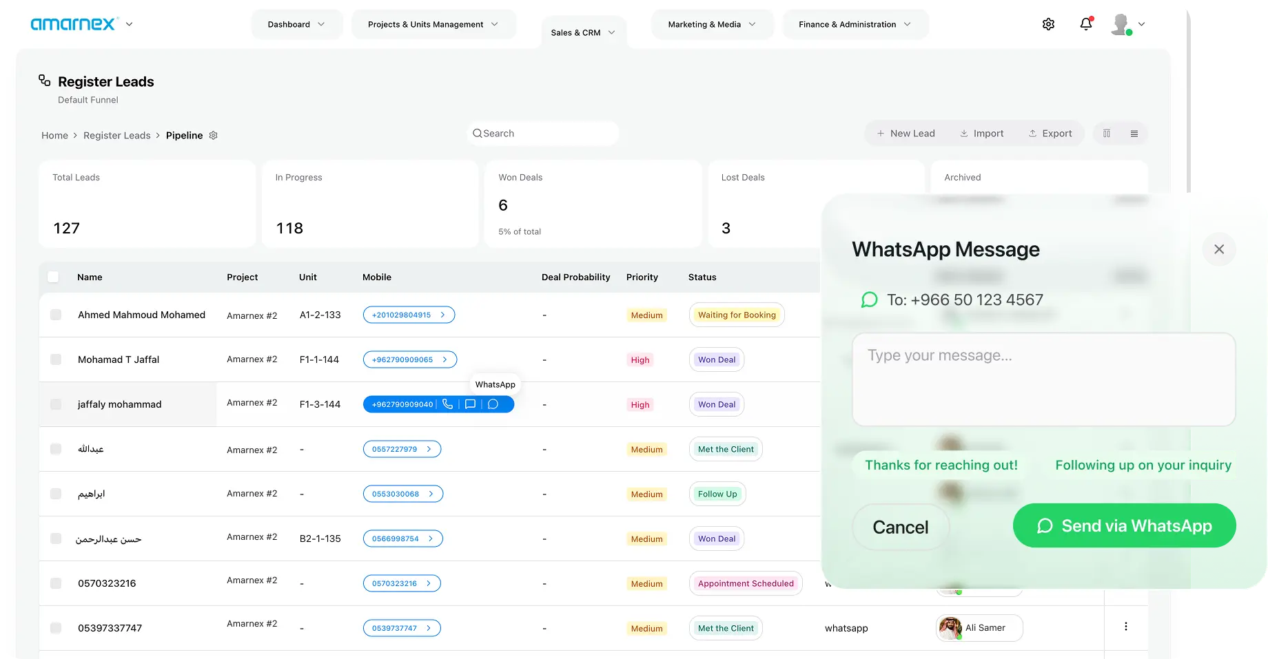 Register leads list with a WhatsApp message