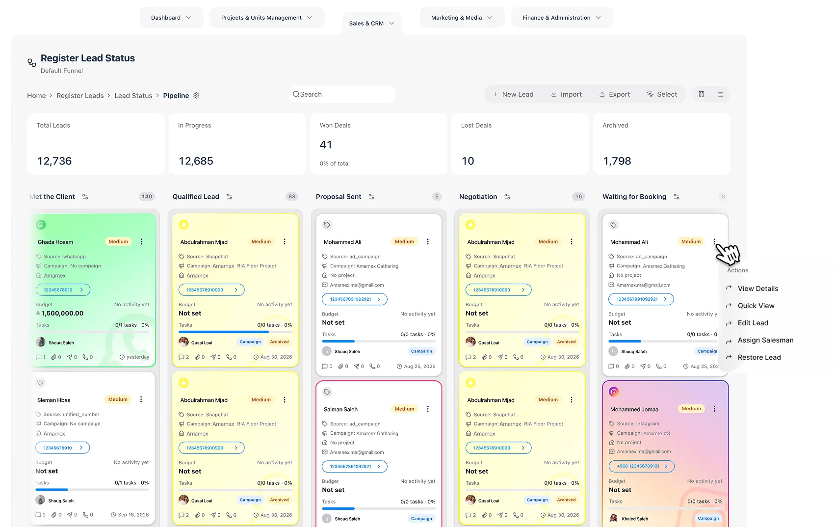 Lead status pipeline with deals grouped by stage