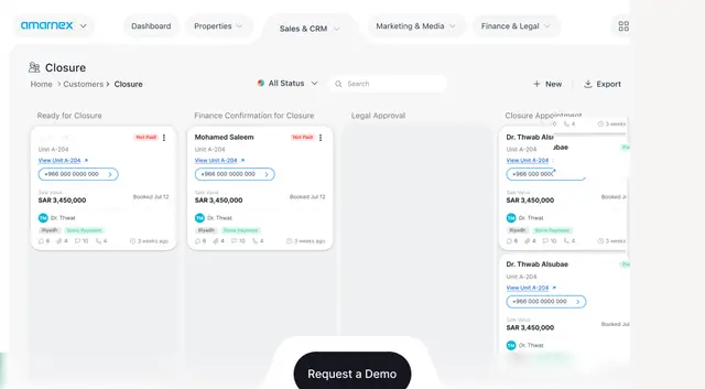 The Amarnex closure workflow screen