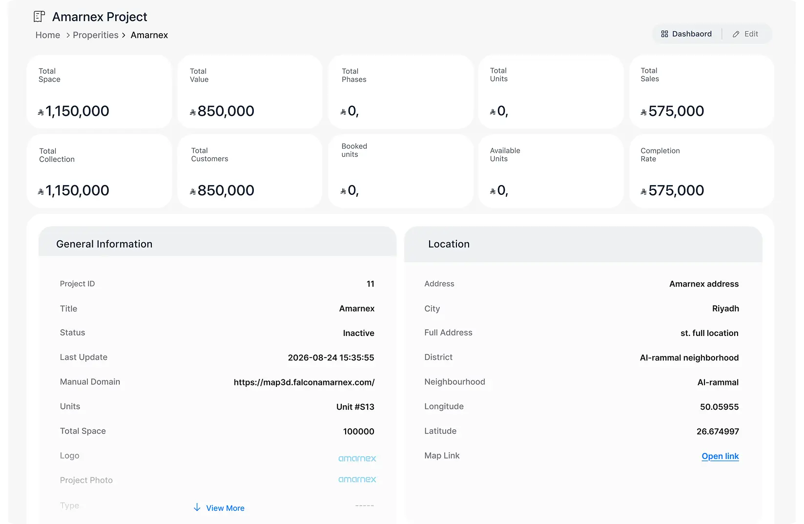 Amarnex project details with general information and location