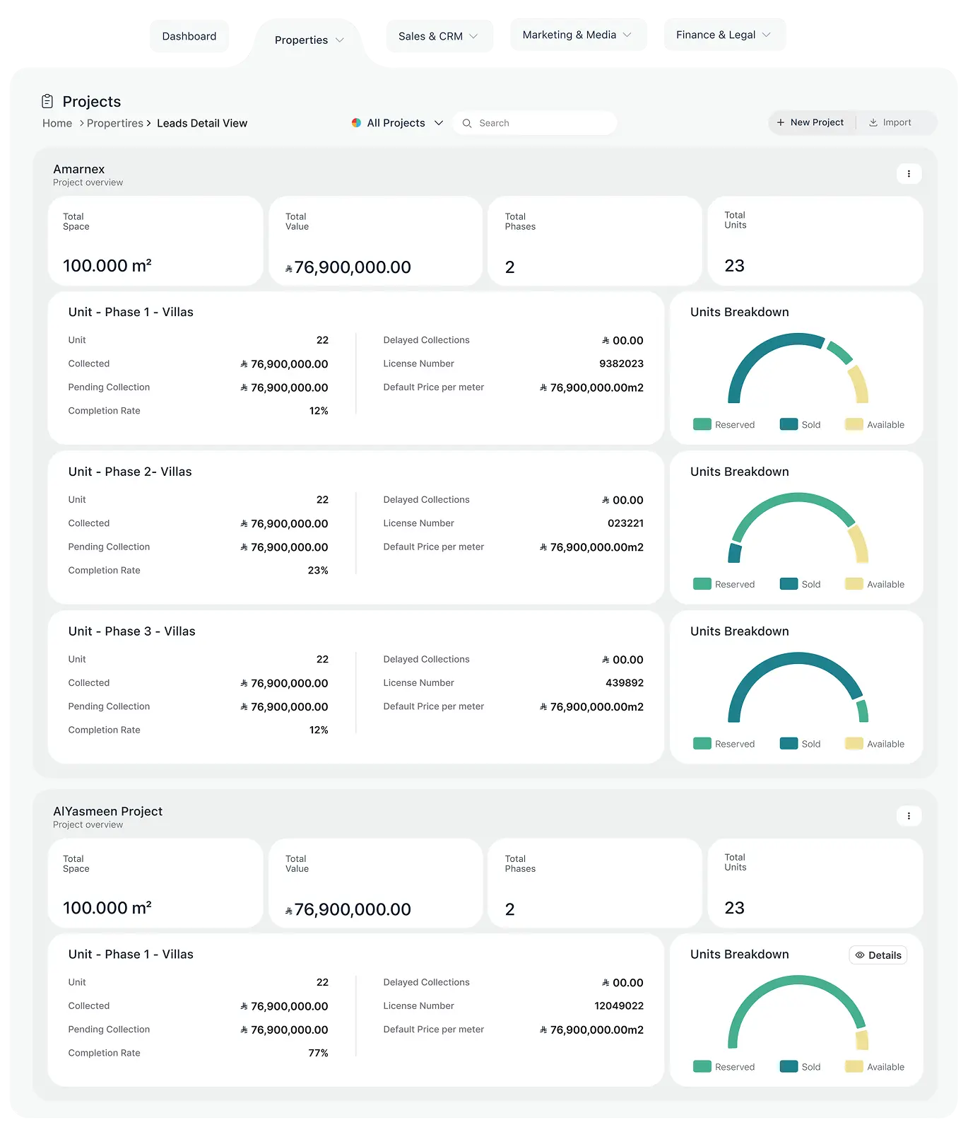 Projects list with space, value, phases, and unit breakdown